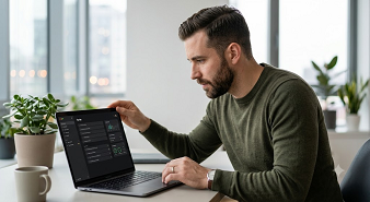 person focusing on laptop screen showing productivity app digital clock minimalist workspace photo